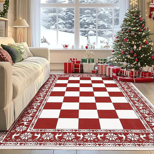 GarveeHome Red 6x9 Area Rugs for Living Room, Washable Rug for Christmas Decor, Indoor Non Slip Carpet, Checkered Soft Low Pile Christmas Rug for Bedroom, Dining Room