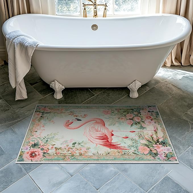 2x3 Flamingo Area Rugs Boho Floral Tropical Rug for Bathroom Kitchen Entryway Indoor Soft Non-Slip Thin Hippie Carpet Small Flower Doormat for Office Dining Room Under Table Washable Machine