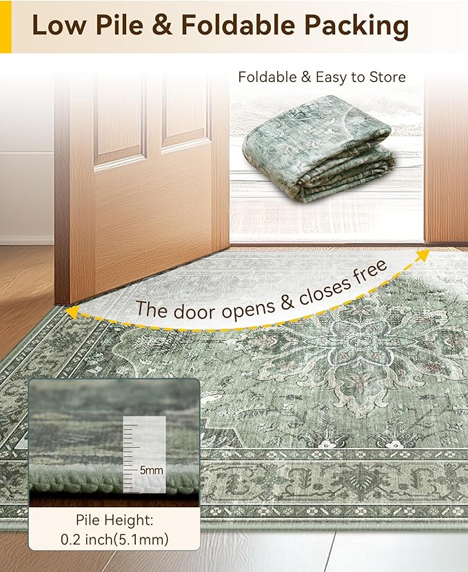 Area Rugs 2'x10' Washable Non-Slip, Floral Vintage Distress Print Pattern Medallion Carpet for Living Room Bedroom Dining Room, Dark Green Gray