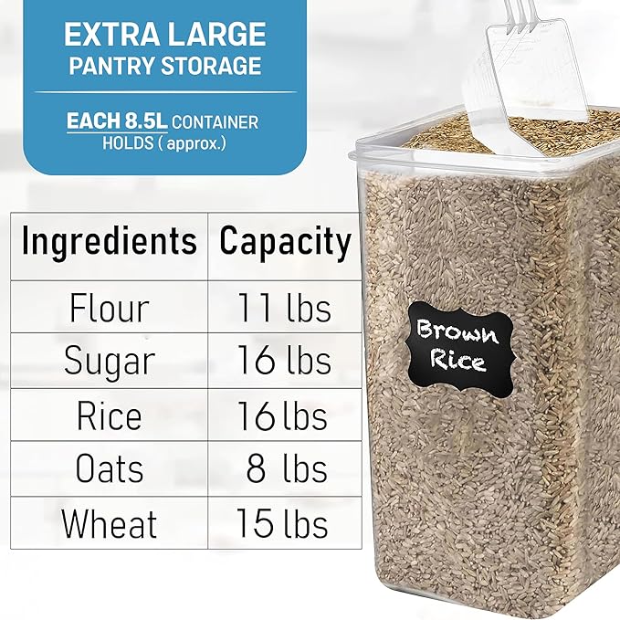 WHITE FEATHER SUPPLIES 8.5L/287Oz Extra Large Airtight Food Storage Containers (2 PC) with Lids, Kitchen and Pantry Organization Containers for Baking Supplies, Cereal, Flour, Sugar, Rice (BPA Free)