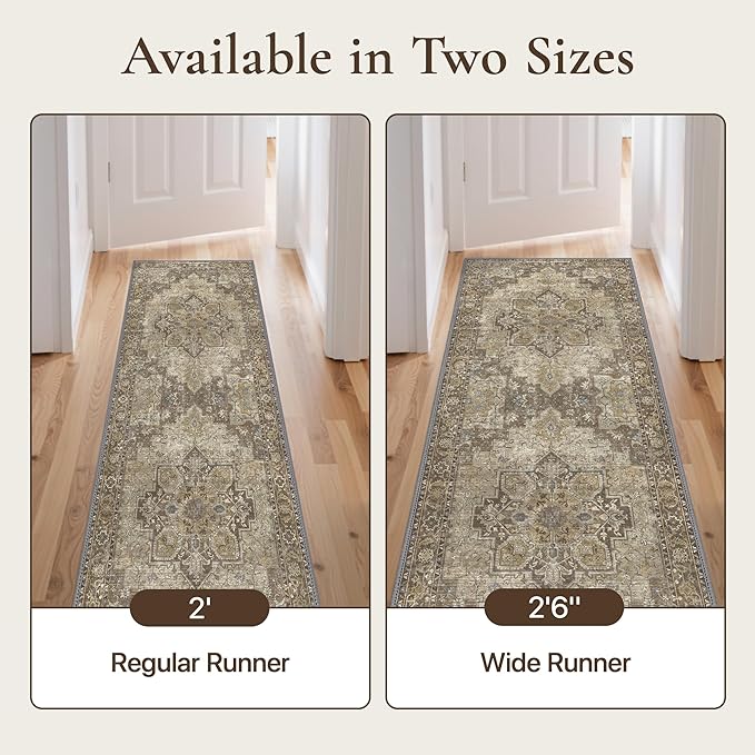GENIMO 2'6''x10 Runner Rugs for Hallway, Machine Washable Non Slip Vintage Rugs, Low Pile Lightweight Soft Print Rug for enrtyway, Corridor, Home Office, Kitchen, Rustic Brown