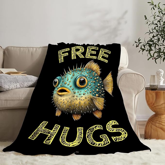 Puffer Fish Blanket Gifts for Girls Boys Soft Warm Plush Funny Puffer Fish Throw Blanket Flannel Fleece Fuzzy Cute Stuff Blanket for Bed Couch Living Room Decor 60"X50"