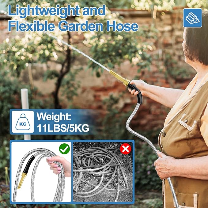 SPECILITE 150 FT Garden Hose, 304 Stainless Steel Metal Heavy Duty Flexible Water Pipe, Kink Free, Durable, Lightweight for Yard, Outdoor with Rubber Grip