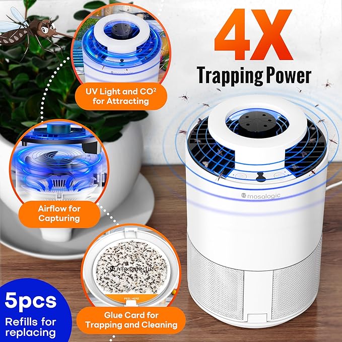 Mosalogic Fruit Fly Trap for Indoors Indoor Gnat Traps for House Use Upgraded Flying Insect Catcher - Trapper & Killer for Fruit Flies, Gnats, Mosquitoes, Plants Moths with 5 PCS Refills White