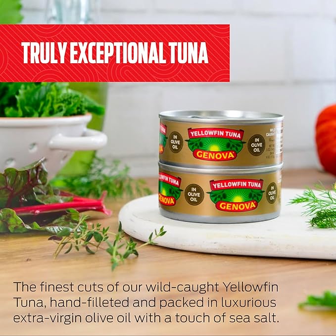 Genova Premium Yellowfin Tuna in Olive Oil, 5 Ounce Cans, 24-Pack – Nutrient Rich, High Protein Canned Tuna Fish - Delicious, Easy, Nutritious Ready to Eat Meals