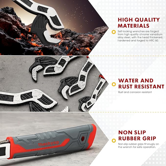 4 Pcs Self-Locking Pipe Wrench Tool, 6" 8" 10" 12", Multifunctional, Non-Slip Handle, Ratchet, Chrome Vanadium Alloy Steel, Universal Adjustable Wrench