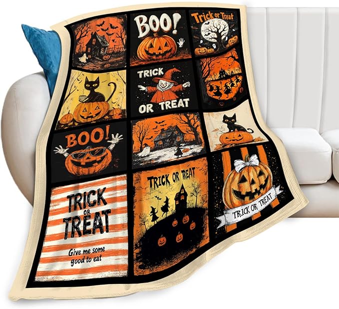 Halloween Blanket, Pumpkin Black Cat Fleece Flannel Throw Blanket, Trick or Treat Soft Lightweight Stuff Throws Gifts for Women Men Boys Girls Lovers Adults Lovers Sofa Decor 60"x50"
