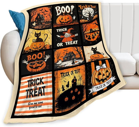 Halloween Blanket, Pumpkin Black Cat Fleece Flannel Throw Blanket, Trick or Treat Soft Lightweight Stuff Throws Gifts for Women Men Boys Girls Lovers Adults Lovers Sofa Decor 60"x50"