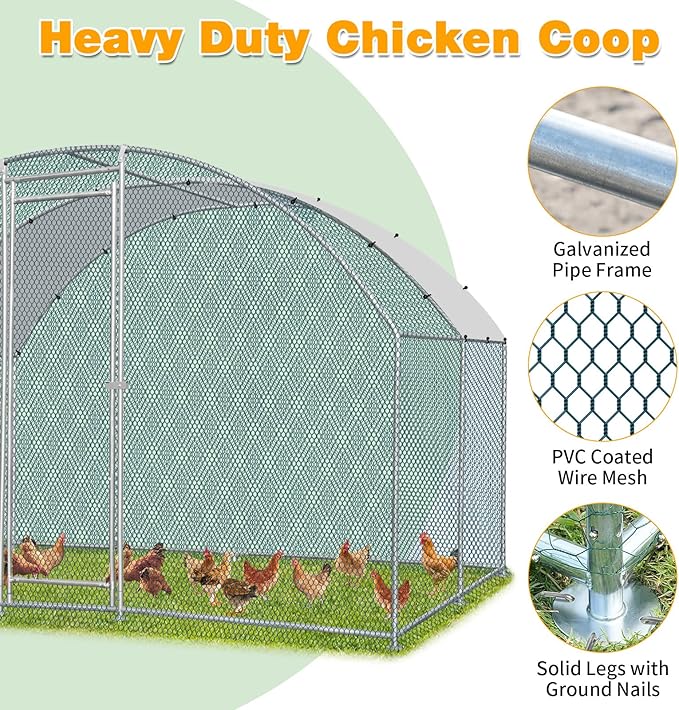 VINGLI Chicken Coop, Large Metal Poultry Cage for Chicken Run, Walk-in Chicken Pen with Waterproof & Anti-UV Cover Outdoor (Silver-Dome Roof, 9.8 * 9.8 * 6.5 ft)