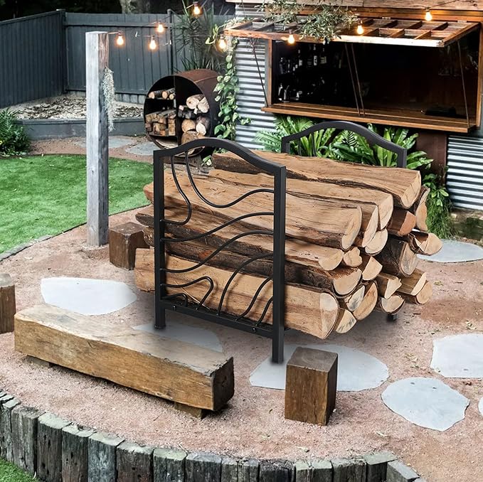 GREEN PARTY 17 Inch Small Firewood Rack Indoor/Outdoor Metal Firewood Holder, Decorative Fire Log Holder for Fireplace,Fire Pit,Heavy Duty Wood Rack,Wood Stove Accessories, 17" L X 13.3" W X 16" H