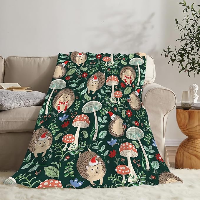 Hedgehog Blanket for Girls Boys Soft Warm Plush Cute Hedgehog Mushroom Throw Blanket Flannel Fleece Fuzzy Stuff for Bed Couch Living Room Decor 50"X40"