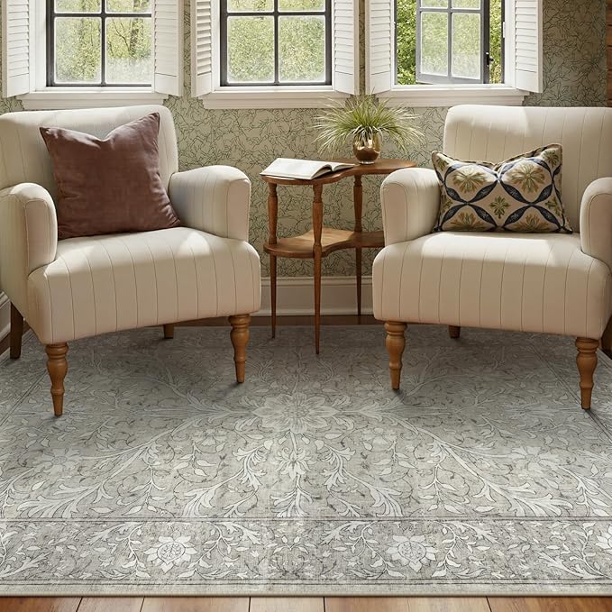 Collive 5x7 Area Rug, Washable Neutral Hand-Painted Floral Living Room Bedroom Rug, Vintage Distressed Boho Non Slip Low Pile Throw Carpet, Soft Retro Rugs for Dining Room Office, Taupe