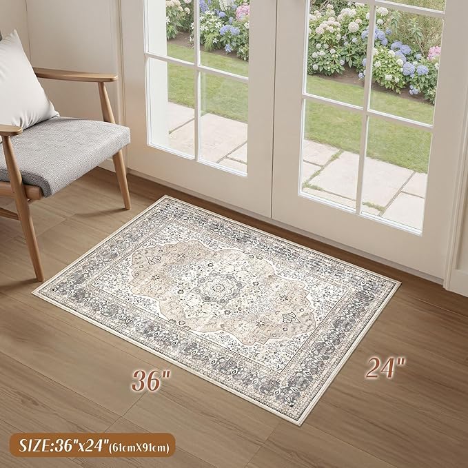 2x3 Washable Entryway Rug: Non-Slip Soft Indoor Throw Small Vintage Floral Area Rug for Kitchen Bedroom, Low Pile Durable Carpet for Front Door Porch Floor Doormat Home Decor (Camel/Beige)