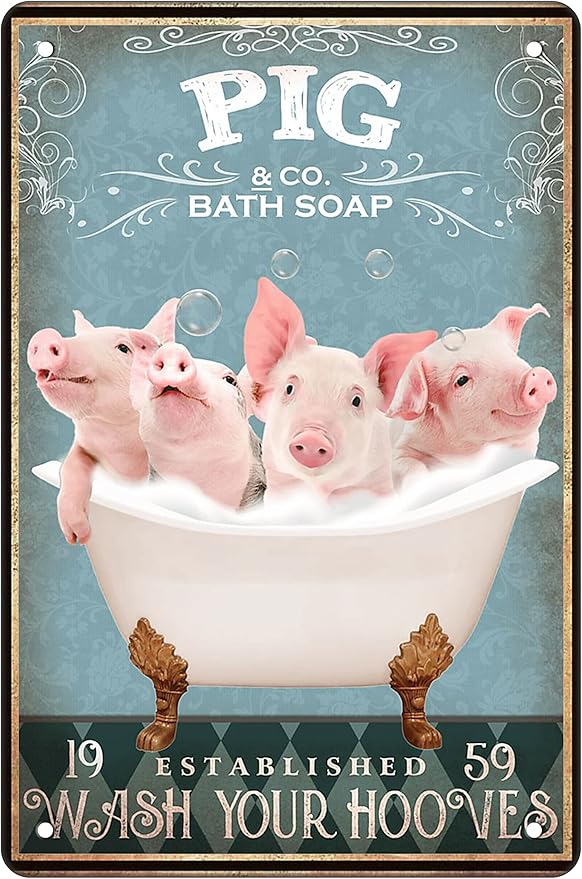 Funny Pig Bathtub Decor - Farm Decor Pig Signs Wall Art Poster Retro Bar Home Bathroom Wall Decoration Sign 8x12 Inch
