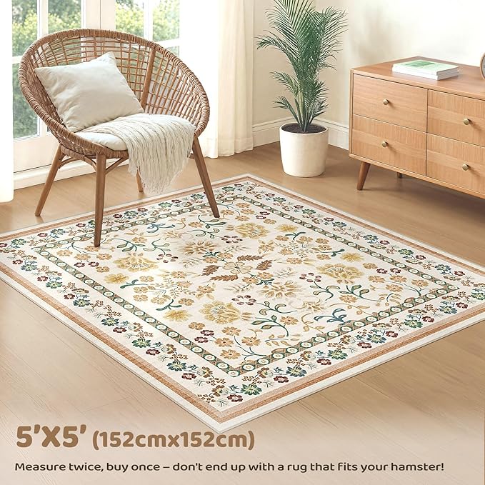 Square Area Rugs : Washable 5x5 Floral Carpet for Living Room Bedroom - Soft Floor Mat with Non Slip Backing for Kitchen Nursery Dorms Farmhouse Home Decor - Brown