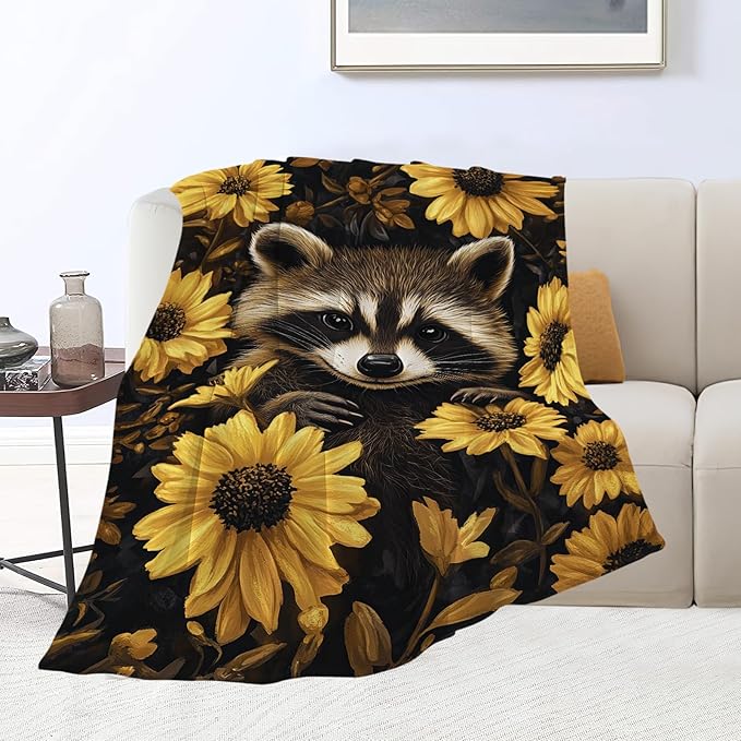 Raccoon Blanket Cute Raccoon Lover Floral Animal Throw Blankets Gifts for Girls Boys Kids Soft Cozy Fleece Plush for Couch Sofa Bed 60"x50"