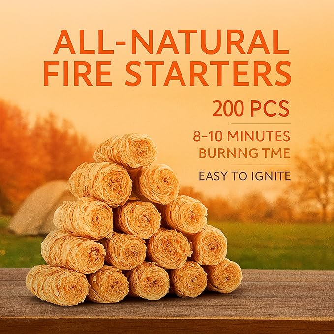 200 PCS Natural Wax & Sawdust Fire Starters – All-Weather Charcoal Starters for Campfires, Grill, Fire Pit, Indoor Fireplaces, BBQ, Wood Stove, Smoker