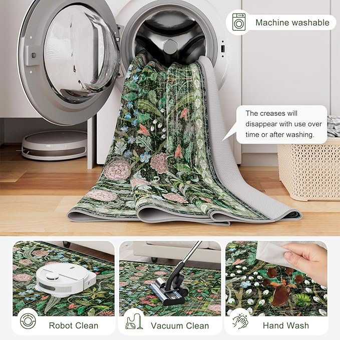 AMTOVO 5x7 Washable Area Rugs for Living Room, Vintage Boho Floral Distressed Print Non-Slip Carpet, Soft Colorful Accent Rug for Bedroom Dining Room Playroom Nursery Farmhouse Girls Room, Dark Green