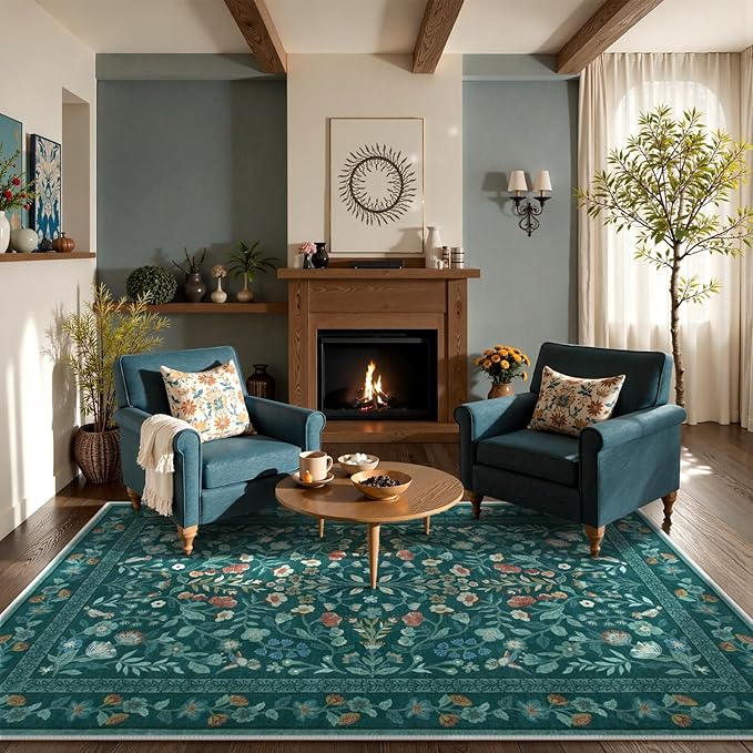 Lahome Floral Washable Rugs 5x7, Non-Slip Ultra-Thin Soft Green Area Rug Bedroom Carpet, Vintage Botanical Print Low-Pile Carpet for Living Room Kitchen Office, Dark Green