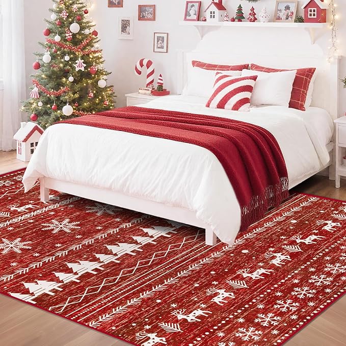 Christmas 6x9 Area Rugs for Living Room: Washable Moroccan Geometric Rug Boho Non Slip Stain Resistant Rugs Low Pile Soft Carpet for Xmas Holiday Decor Bedroom Dining Room Playroom (Xmas Red,6'x9')