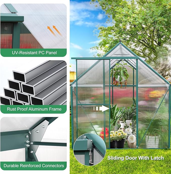 WACASA 10x6 FT Polycarbonate Greenhouse for Outdoors, Heavy Duty Aluminum Greenhouses kit with Rain Gutter, Vent and Lockable Door, Walk-in Green House for Winter, Garden, Patio, Backyard, Green