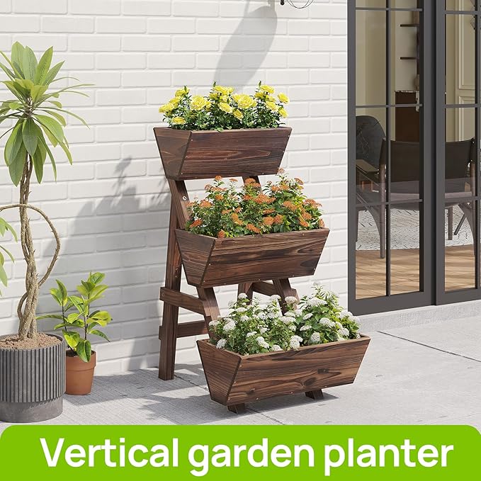 3-Tiers Wooden Raised Garden Bed Tiered Planter Box Vertical Garden Planter Wood Plant Stand for Patio, Balcony, Freestanding (Carbonized S)