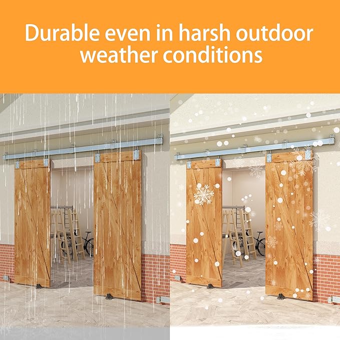 8FT Box Rail Exterior Barn Door Hardware Kit for 2 Doors, Sliding Heavy Duty Barn Door Track, Wall Mount Barn Door Hardware with 5 Track Brackets,Silver(Doors NOT Include)