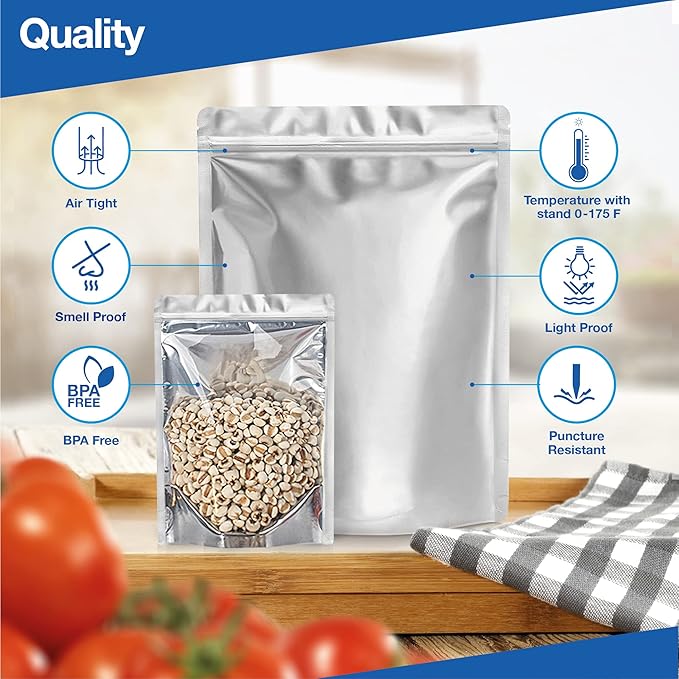 BELLE KR® 100 Pcs Assorted Mylar Bags for Food Storage With Oxygen Absorber 500cc - Large Mylar bags 1 Gallon (10x14), 7x10 & 5x8, 4x6 with 1 Side Clear - (25 Pcs Each) with 100 Labels