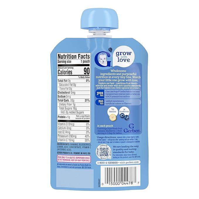 Gerber Stage 2 Baby Food, Banana Blueberry Puree Pouch, 2 Servings of Fruit, No Added Sweetener, No Artificial Colors or Flavors, 12-Pack