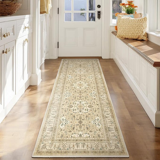 Boho Hallway Runner 2x6, Low Pile Thin Entryway Runner 6ft, Kitchen Runner Rugs Non Skid Washable for Laundry Room Bedside Bathroom, Floral Moroccan Pattern Warm Beige with Opal Colors