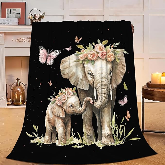 Elephant Blanket Soft Cozy Cute Elephant Fleece Throw Blanket Warm Mother Child Animal Flannel Plush Bedding Stuff Decor Blankets Gifts for Lover Girls Boys Kids Women Adults Bed Travel 60"x80"