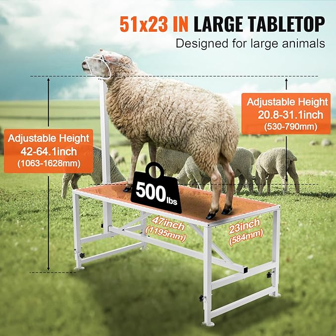 VEVOR Goat Milking Stand - 47x23 inch Metal Livestock Shearing Stand, Adjustable Height 21" to 33", with Headpiece and Nose Loop, 500lbs Capacity, Perfect for Sheep and Goats, White