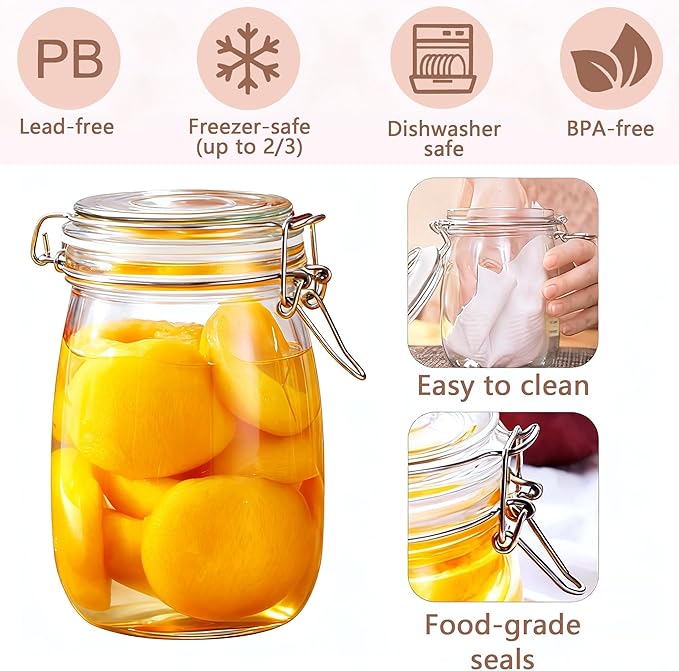 6PCS Glass Jars with Airtight Lid, 34 OZ Mason Jars Wide Mouth, Glass Pickling Jars for Canning & Fermenting, Mason Storage Container for Coffee, Flour, Sugar, Pasta