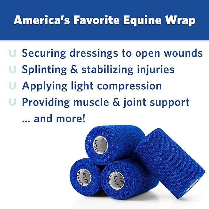 PowerFlex Equine – Extra Strong Self-Adhering Bandage Wrap – Wound Care, Compression & Support Bandage for Horses, Cows & Dogs – Blue, 4 inch, 4 Rolls (Resealable Case)