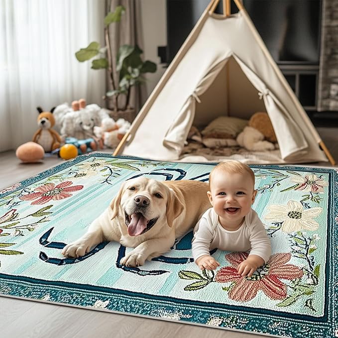 5x7 Crab Area Rugs Boho Teal Rug for Living Room Indoor Soft Non-Slip Thin Large Carpet Floral Flower Rugs for Bedroom Home Decor Under Table Washable Machine