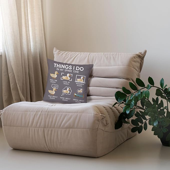 Funny Duck Throw Pillow Covers 18 x 18-Things I Do in My Spare Time Duck Decorative Pillow Covers,Funny Duck Gifts,Duck Gifts for Duck Lovers,Duck Themed Gifts for Women,Duck Decor (Gray)