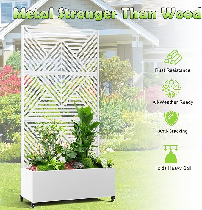 15.7"×70.9"×35.4" Metal Raised Garden Bed with Trellis and Wheels - Tall Trellis Planter Box for Climbing Plants, Vegetables & Vines - Outdoor Privacy Planters for Patio (White-Zodiac)