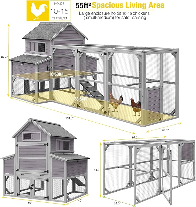 Aivituvin Large Chicken Coop 137" L Hen House Duck Cage for 10-15 Chickens 55ft² with Spacious Run, 6 Nesting Box, 6 Raised Perches
