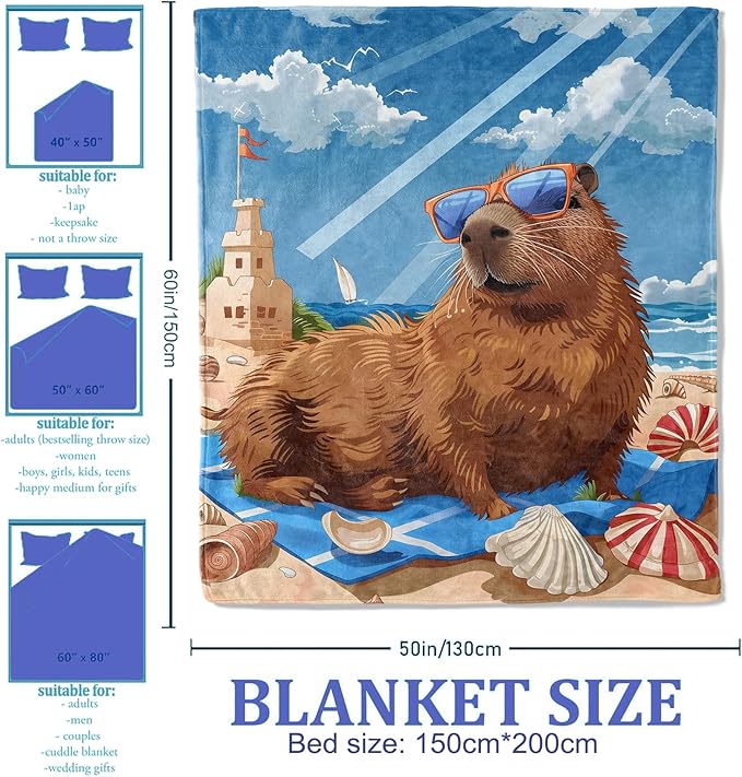 Fun Capybara Beach Pattern Throw Blanket 40"x50", Quirky Animal Lover Blankets for Living Room Decor, Cozy Flannel Polyester Capybara Gifts for Women Kids