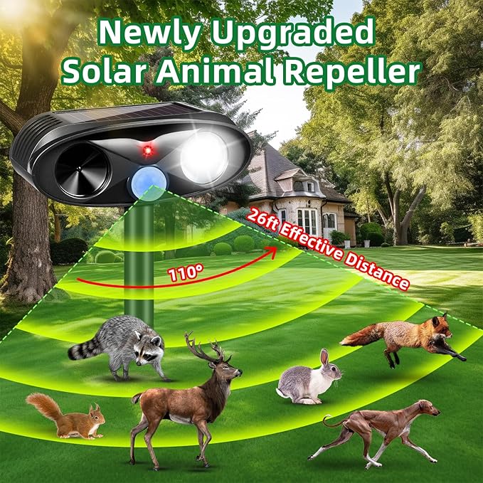 Upgraded Solar Animal Repellent Outdoor Deer Repellent Devices Cat Deterrent with Motion Sensor & Flashing Light,Ultrasonic Control for Squirrel Raccoon Dog Rabbit Skunk for Yard Garden, 2 Pack Black