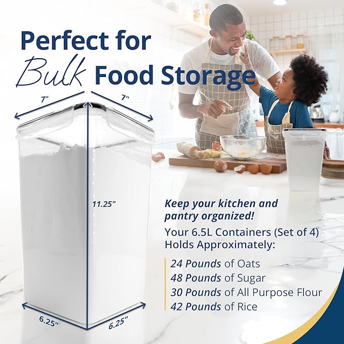 Reli. 6.5L Airtight Food Storage Containers with Lids (4 Sets) | Kitchen Organizers and Storage Containers, Pantry Organizers | BPA Free Plastic XL Set w/ 4 Measuring Cups, 12 Labels, Pen