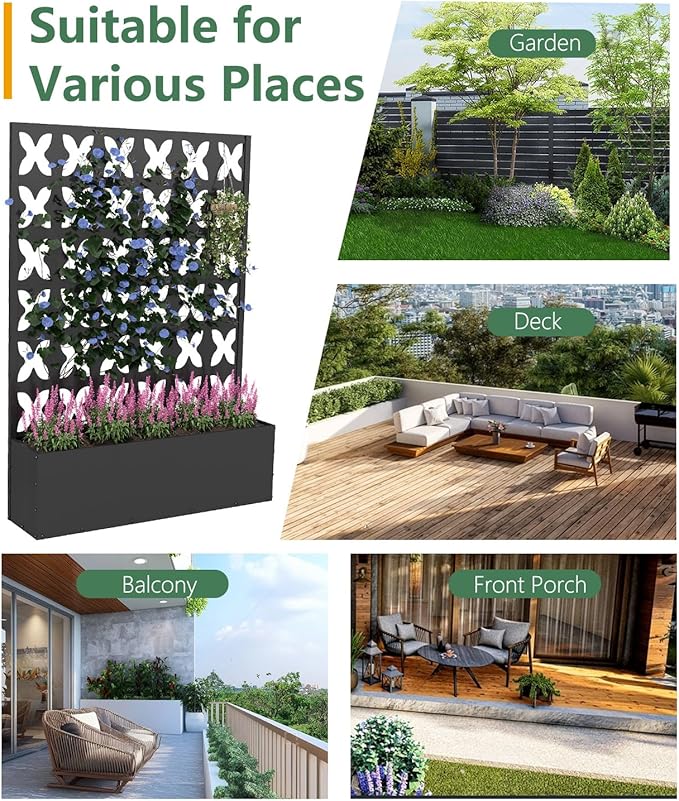 2PCS Metal Planter Box with Trellis,70.9"x47.2"x15.7" Raised Garden Bed with Drainage Holes, Privacy Planters for Outdoor Garden Bed for Climbing Plants,Vegetables,and Vines, Black-X