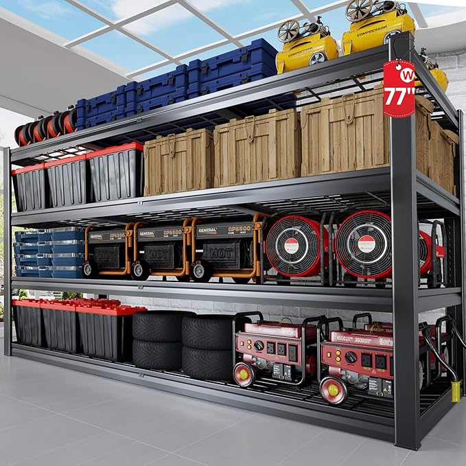 77" W Kitchen Storage Shelves Heavy Duty Garage Shelving 4 Tier Metal Shelving Unit, Adjustable Shelves, 3800LBS Steel Industrial Shelving for Basement， Commercial, 77" W*24" D*72”H, 2 Pack