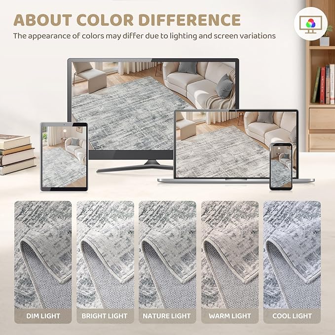 Area Rug for Living Room: 6x9 Washable Neutral Abstract Modern Soft Rugs Non Slip Indoor Floor Stain Resistant Large Carpet for Bedroom Dining Room Office Nursery - Gray