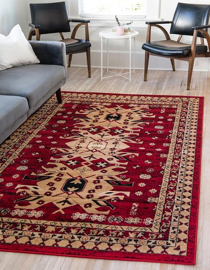 Unique Loom Taftan Collection Border Geometric Tribal Inspired Design Area Rug (9' 10 x 13' 0 Rectangular, Red/ Gold)