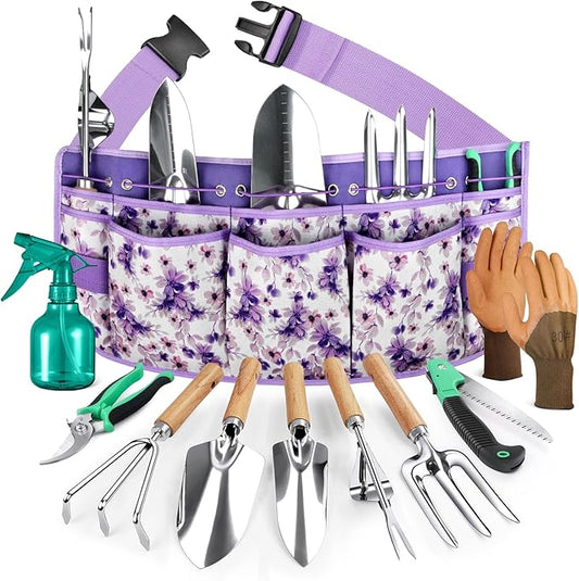 All-in-One Garden Tool Set with Tools Organizer Belt Adjustable, 10-Piece Gardening Hand Tools, Long Lasting Rust-Proof Premium Garden Tool Kit, Gardening Gift for Women Men (Purple)