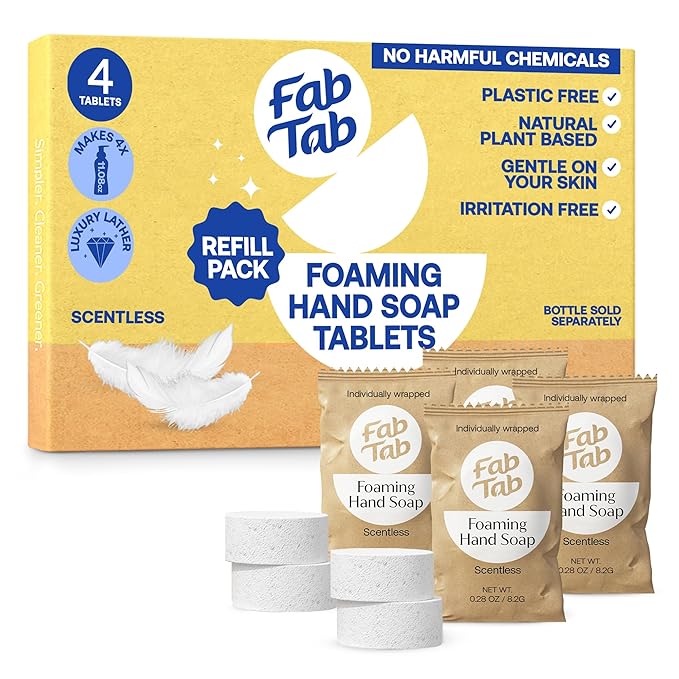 Fab Tab Foaming Hand Soap Kit - Natural Hand Soap - Bathroom Hand Wash - Plant-Based - No Harsh Chemicals - Scentless - 4 Pack. Makes 4 x 11.9 fl oz (Bottle Not Included)