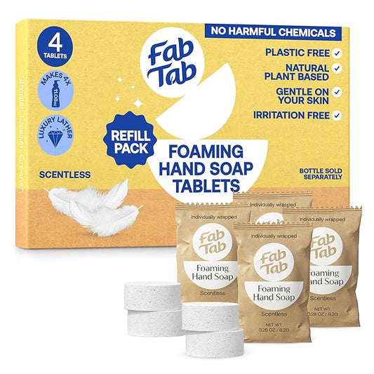 Fab Tab Foaming Hand Soap Kit - Natural Hand Soap - Bathroom Hand Wash - Plant-Based - No Harsh Chemicals - Scentless - 4 Pack. Makes 4 x 11.9 fl oz (Bottle Not Included)