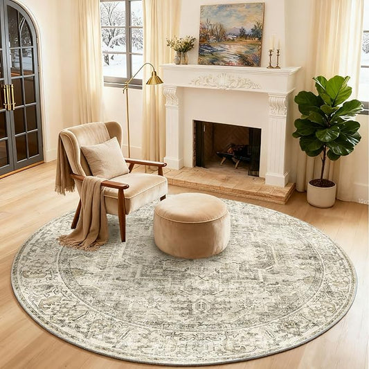 4x4 Round Bedroom Rug Washable: Living Room Rug Stain Resistant Non Slip Low Pile Soft Small Area Rug for Bedroom Entryway Kitchen Living Room Bedside Office Dorm Kids Room Entrance