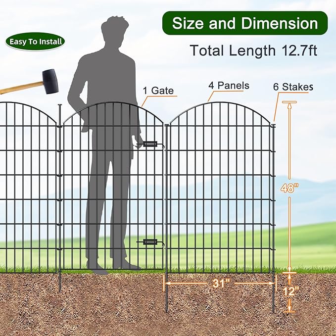 Metal Garden Fence with Gate 48in (H) x 12.7ft (L), 1 Gate+ 4 Panels Dog Fence Border Fences Animal Barrier, No Dig Garden Fencing for Yard Flower Bed Lawn Patio Outdoor, ECG4805G, Black